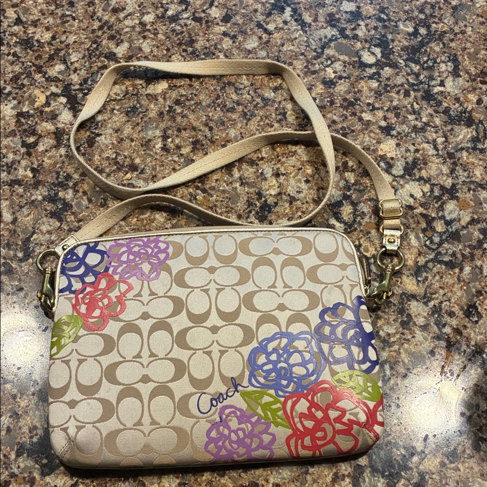 Coach Beige Crossbody Bag with Colorful Floral Design